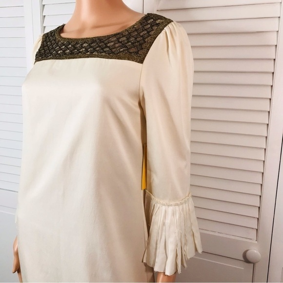 ALICE + OLIVIA Ivory Beaded Pleated Sleeve Dress Size Small - Picture 3 of 13